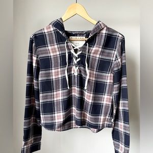 Garage Blue Cropped V-Neck Plaid Half Lace-Up Long Sleeve Shirt